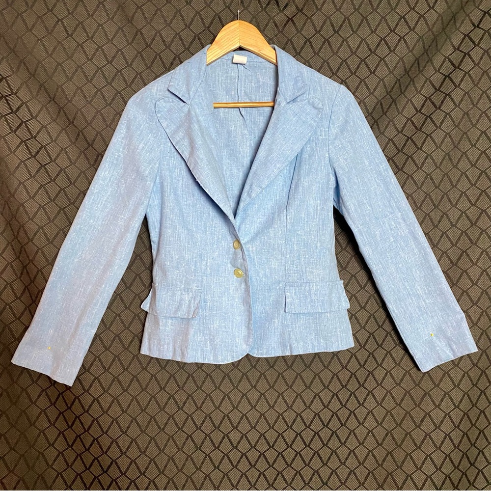 1960s 1970s Ladies Blazer Jacket - Linen - Baby Blue - Vintage - Union Made S